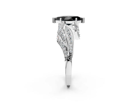 White gold Fancy Black Marquise Cut Diamond Solitaire Ring with Prong Setting and Twisted Pavé Band_14