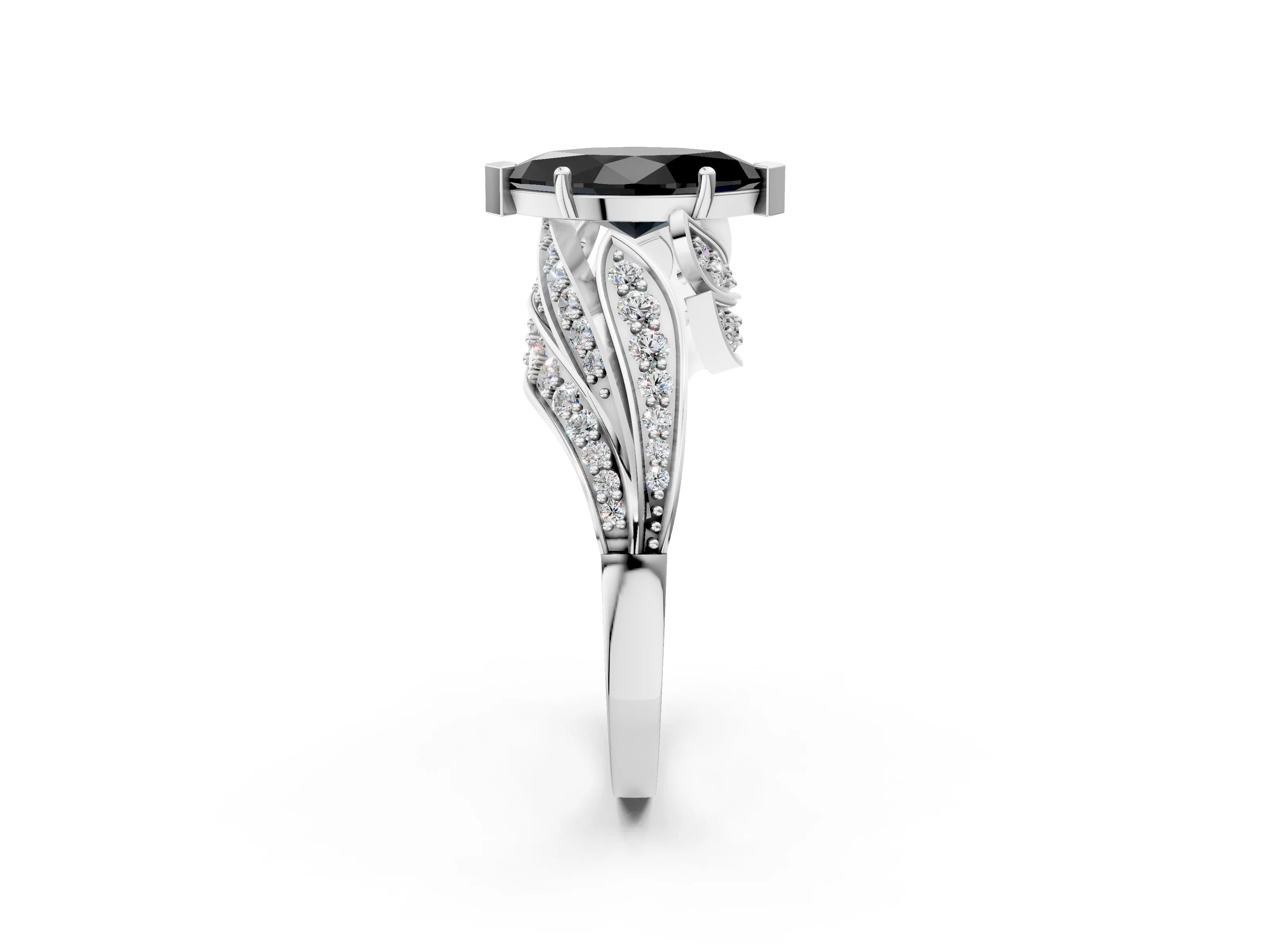 White gold Fancy Black Marquise Cut Diamond Solitaire Ring with Prong Setting and Twisted Pavé Band_14