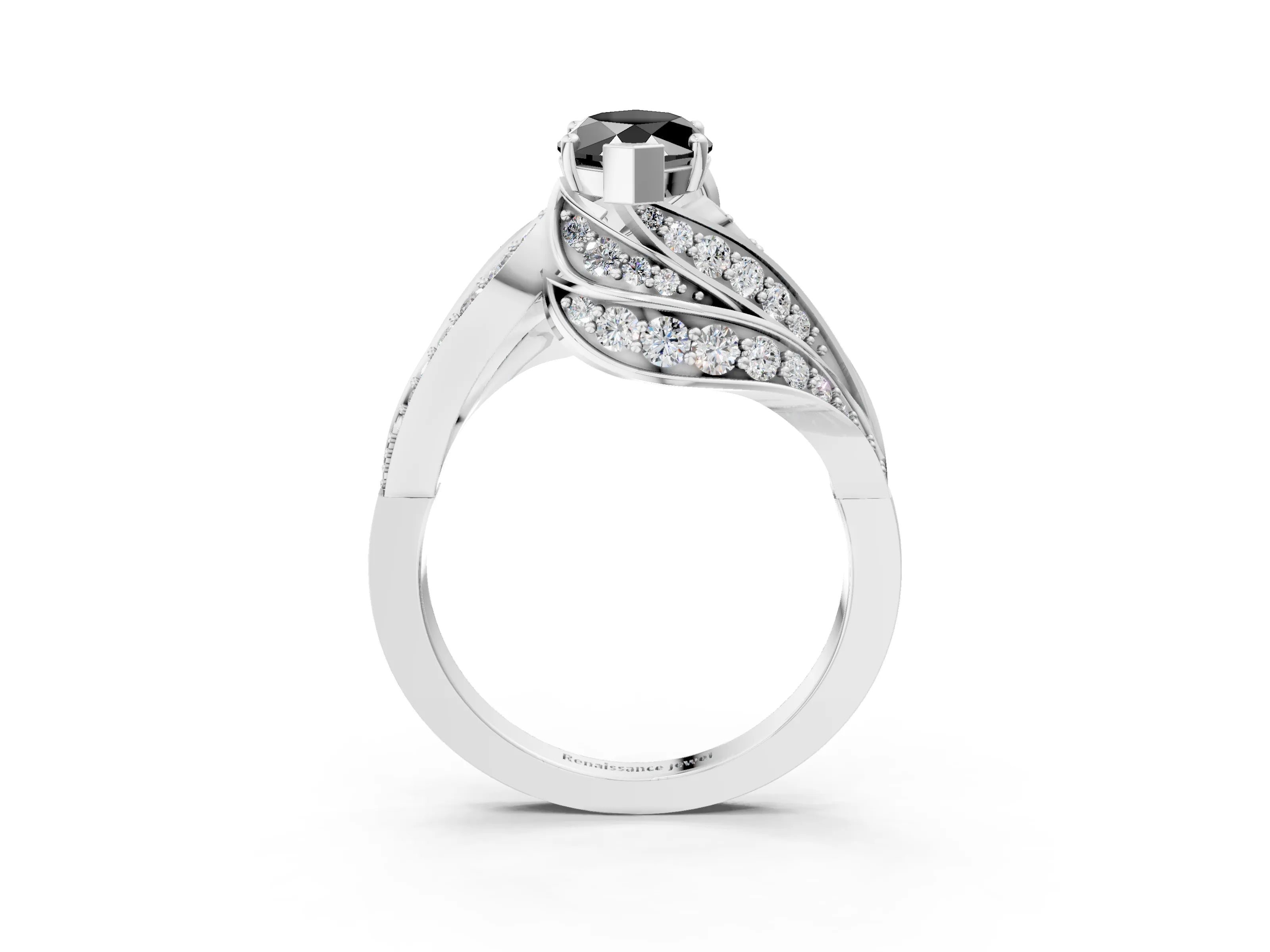 White gold Fancy Black Marquise Cut Diamond Solitaire Ring with Prong Setting and Twisted Pavé Band_15