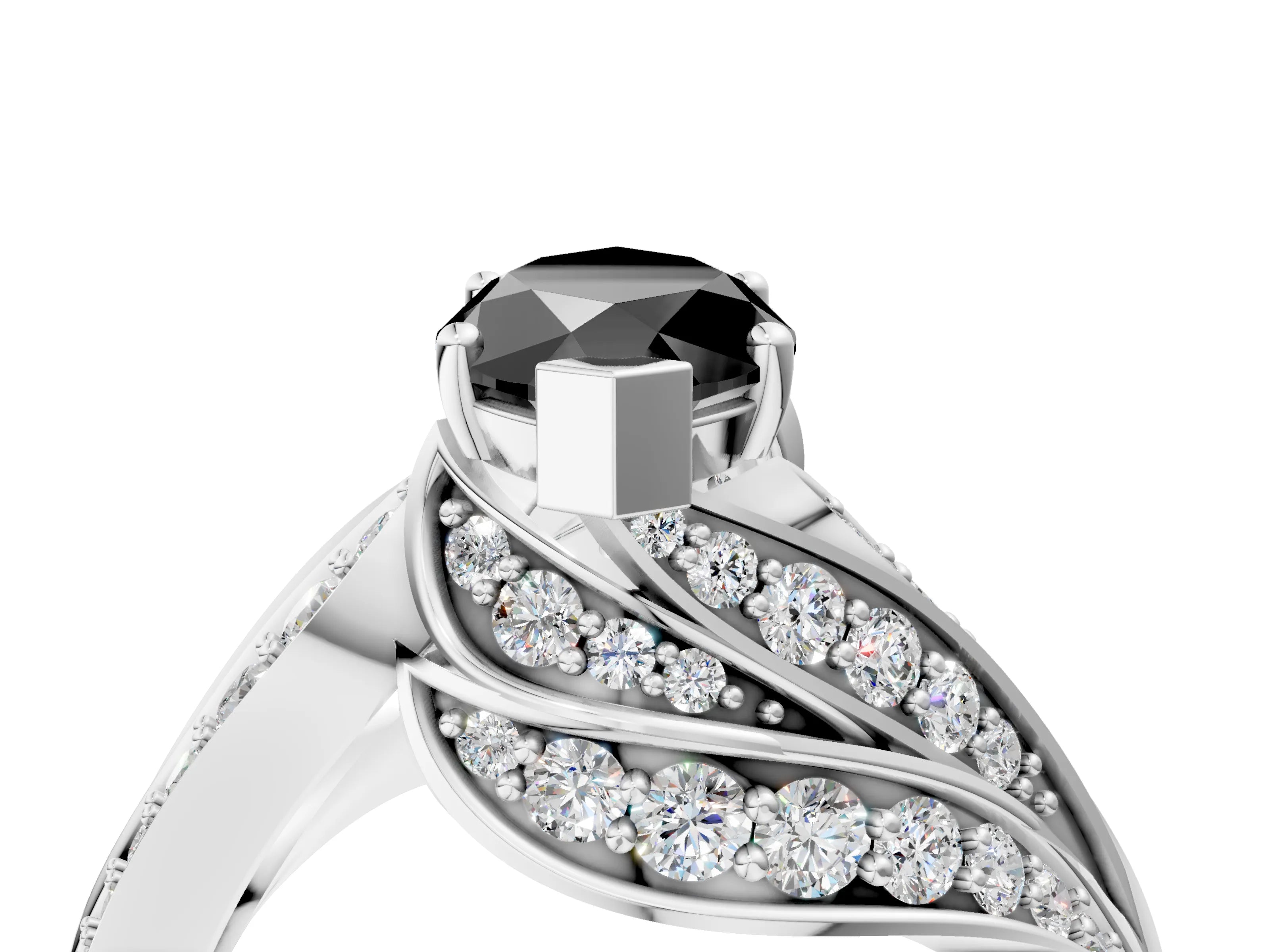 White gold Fancy Black Marquise Cut Diamond Solitaire Ring with Prong Setting and Twisted Pavé Band_16
