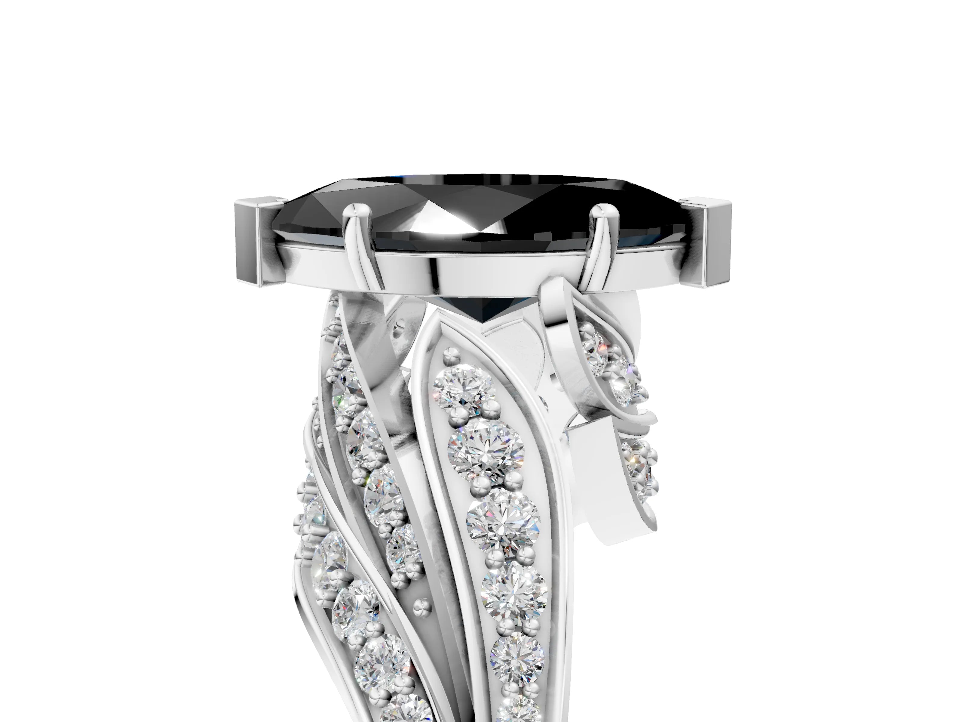 White gold Fancy Black Marquise Cut Diamond Solitaire Ring with Prong Setting and Twisted Pavé Band_17
