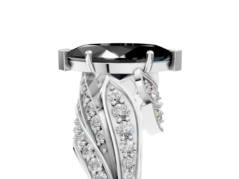 White gold Fancy Black Marquise Cut Diamond Solitaire Ring with Prong Setting and Twisted Pavé Band_17