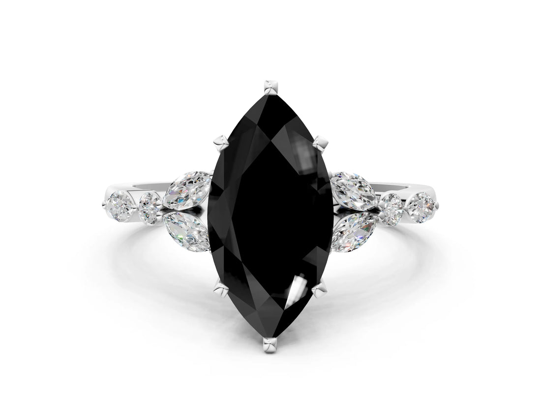 White gold Fancy Black Marquise Cut Diamond Solitaire Ring with Side Stones and Four-Prong Setting_72