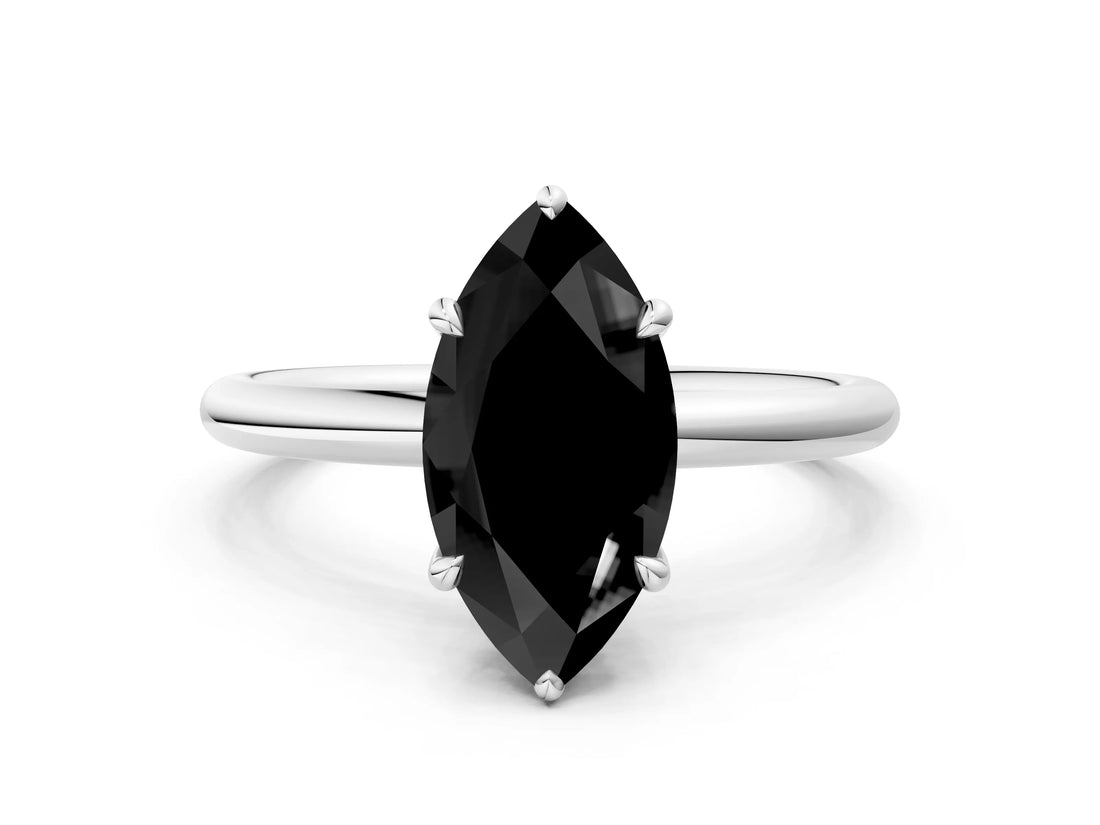 White gold Fancy Black Marquise Cut Diamond Solitaire Ring with Thin Band and Four-Prong Setting