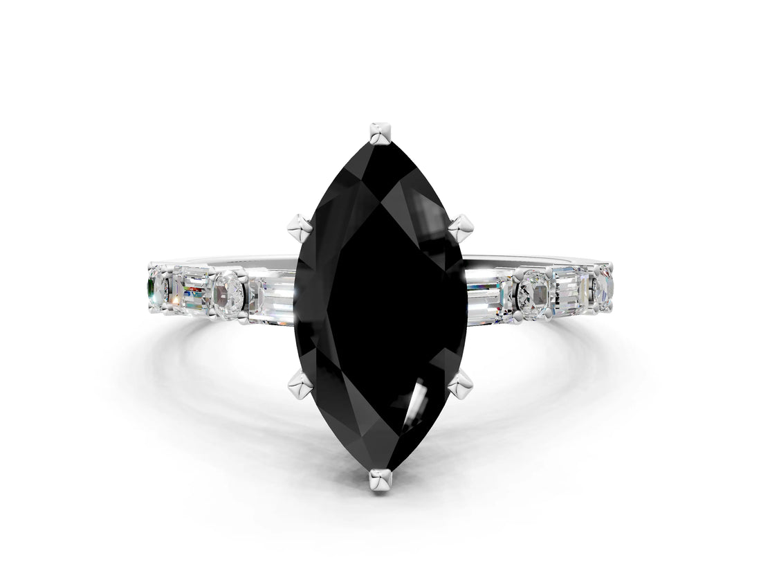 White gold Fancy Black Marquise Cut Diamond Solitaire with Side Baguettes and Channel Set Band