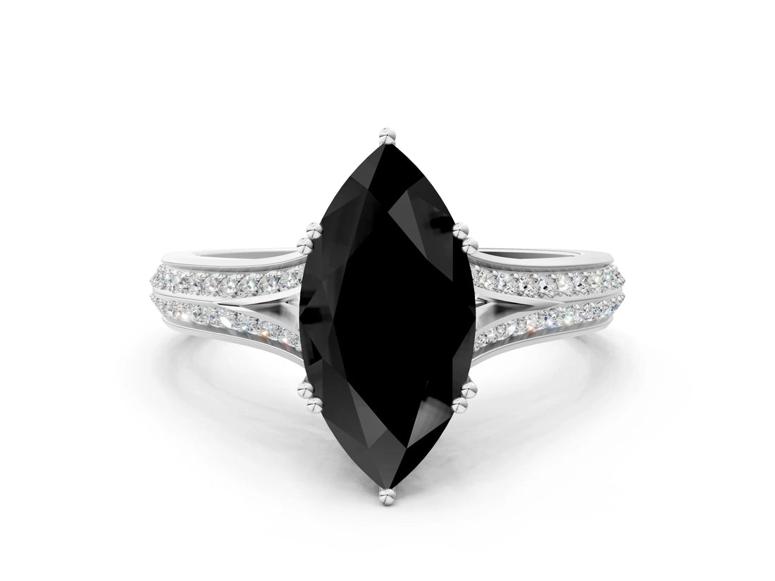 White gold Fancy Black Marquise Cut Diamond Split Shank Engagement Ring with Pavé Band