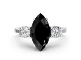 White gold Fancy Black Marquise Cut Diamond Three-Stone Engagement Ring with Prong Setting and Pavé Band