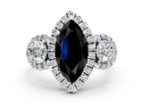 White gold Fancy Black Marquise Cut Diamond Three-Stone Halo Ring with Prong Setting and Pavé Accents