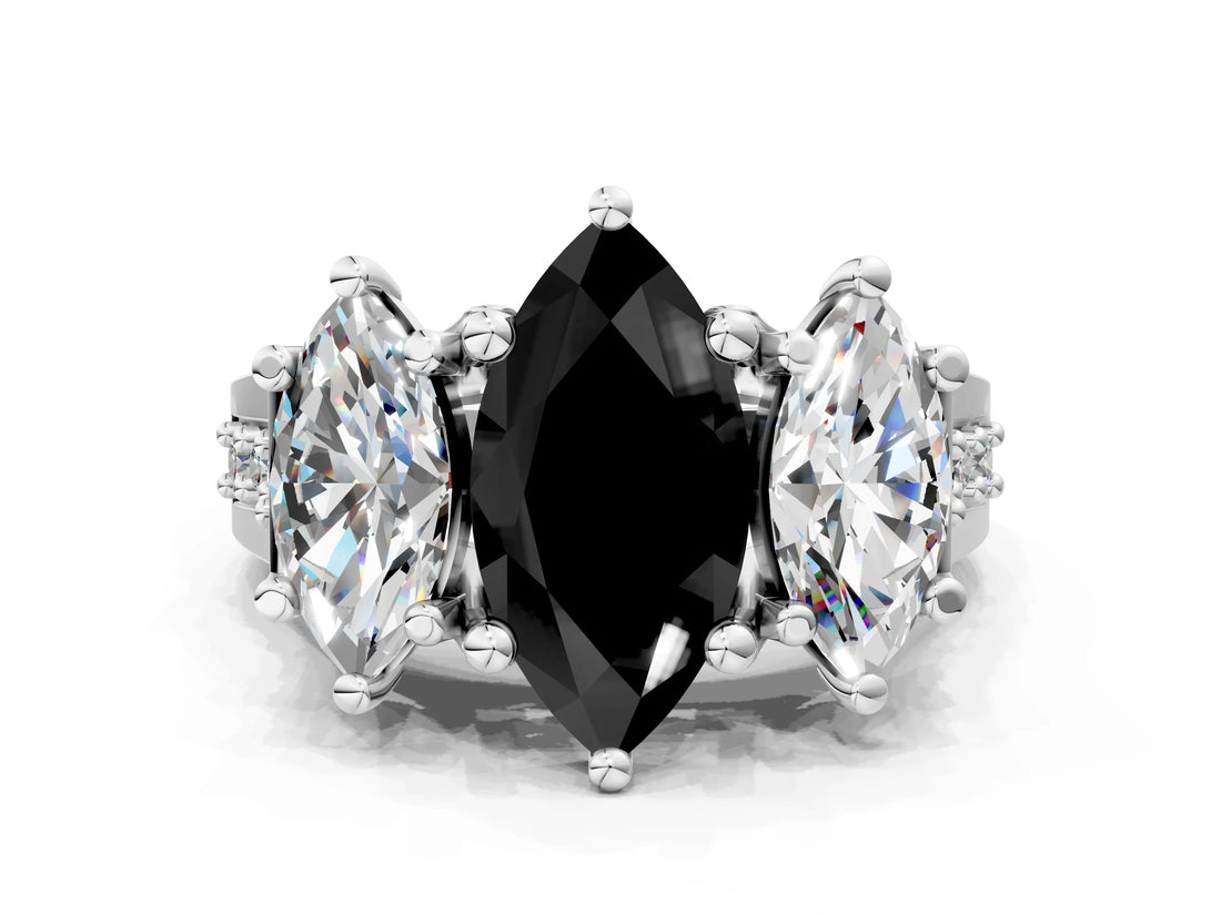 White gold Fancy Black Marquise Cut Diamond Three-Stone Ring with Channel Set Band and Four-Prong Setting_24