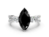 White gold Fancy Black Marquise Cut Diamond Three-Stone Ring with Pavé Split Shank and Four-Prong Setting