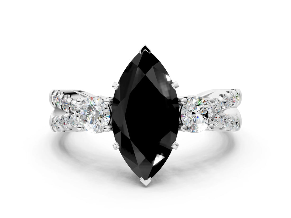 White gold Fancy Black Marquise Cut Diamond Three-Stone Ring with Pavé Split Shank and Four-Prong Setting