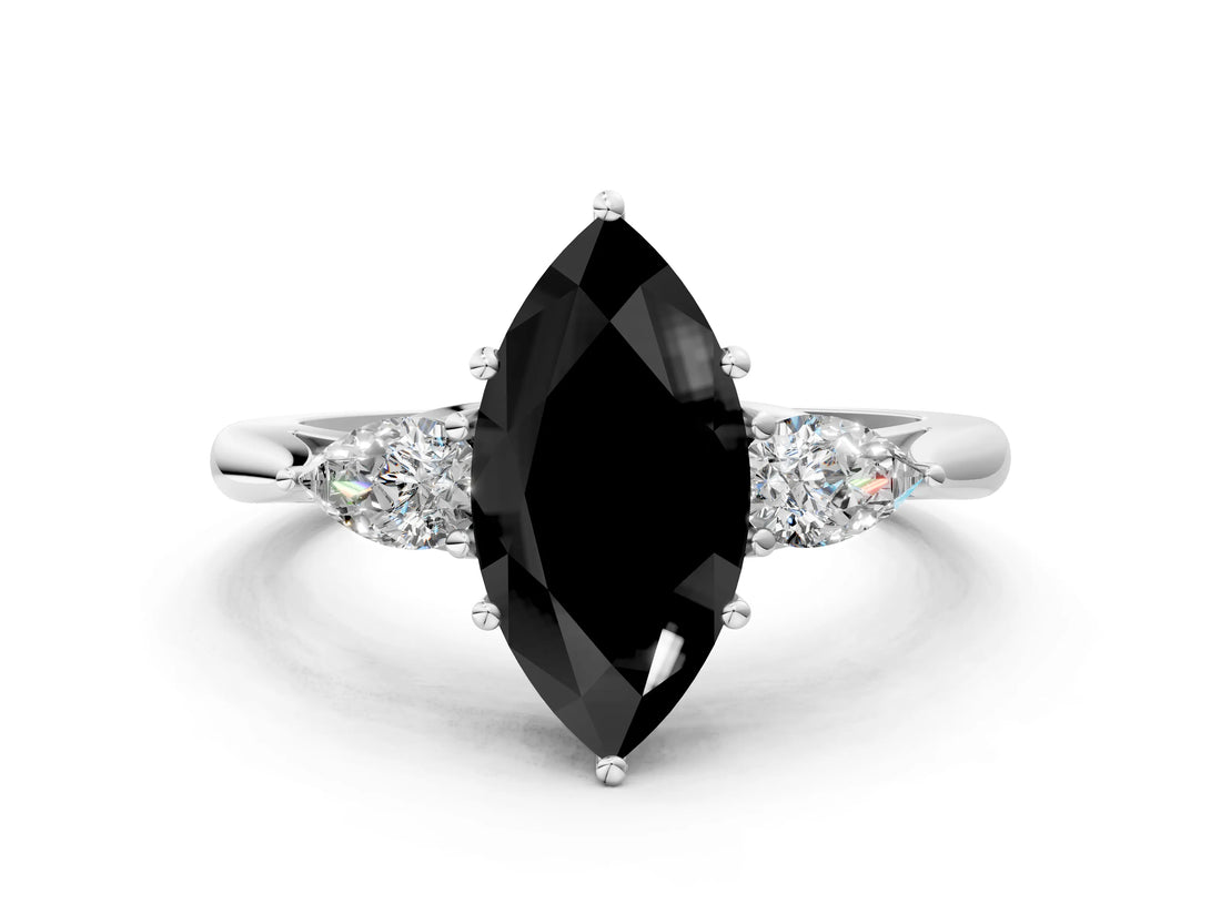 White gold Fancy Black Marquise Cut Diamond Three-Stone Ring with Pear  Side Stones and Prong Setting_72