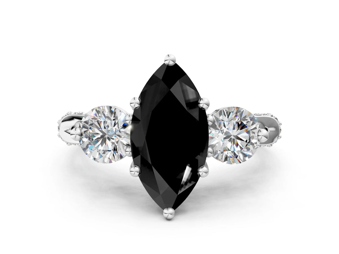 White gold Fancy Black Marquise Cut Diamond Three-Stone Ring with Prong Setting and Pavé Band