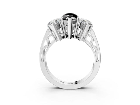 White gold Fancy Black Marquise Cut Diamond Three-Stone Ring with Prong Setting and Textured Band_15