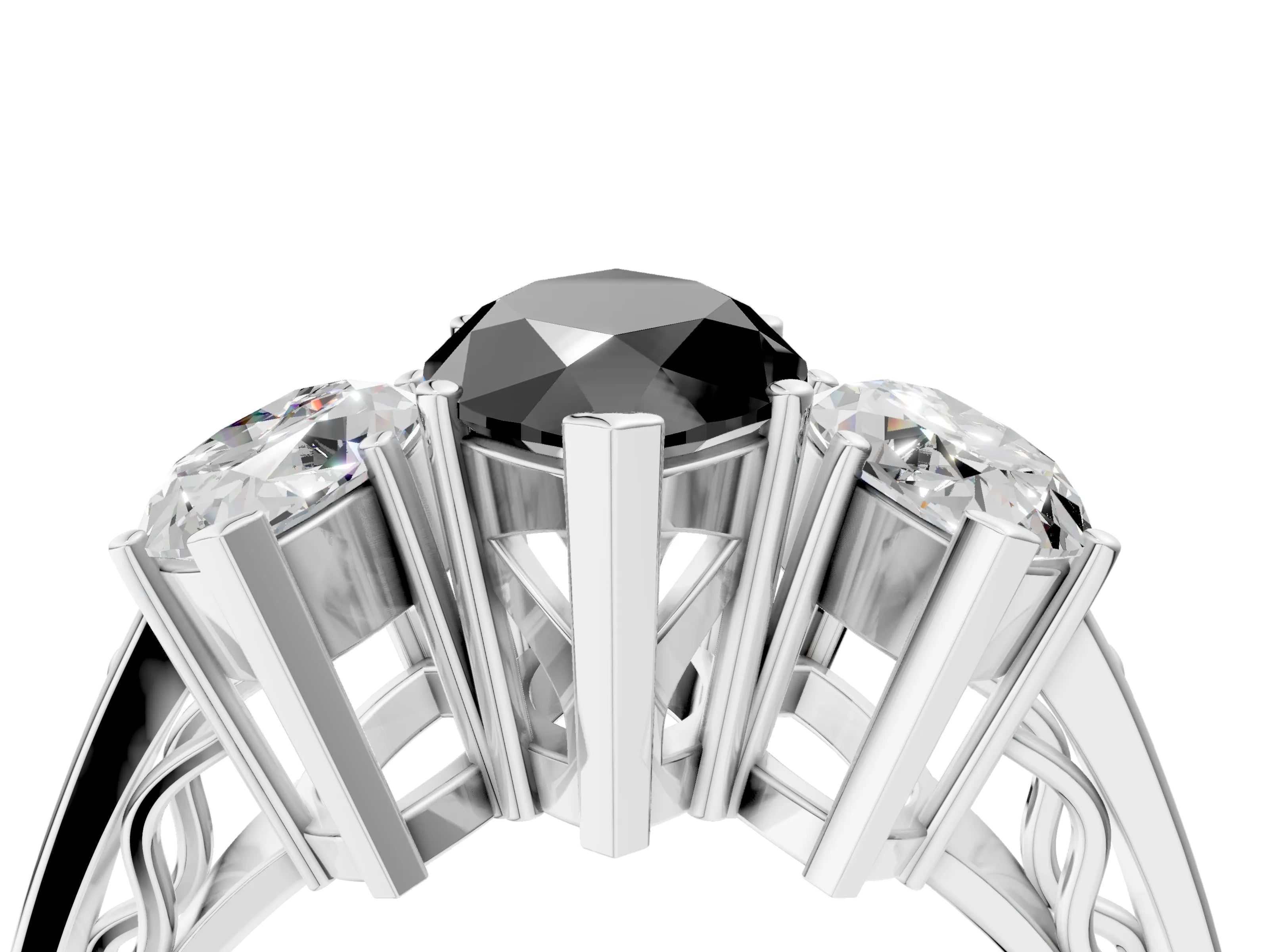White gold Fancy Black Marquise Cut Diamond Three-Stone Ring with Prong Setting and Textured Band_16
