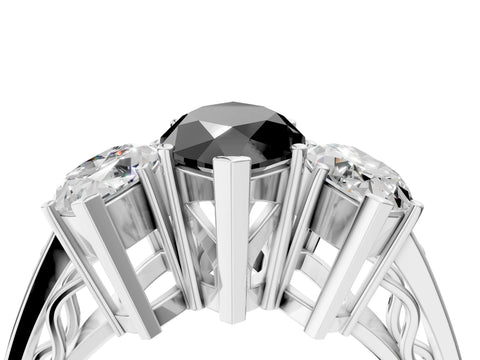 White gold Fancy Black Marquise Cut Diamond Three-Stone Ring with Prong Setting and Textured Band_16