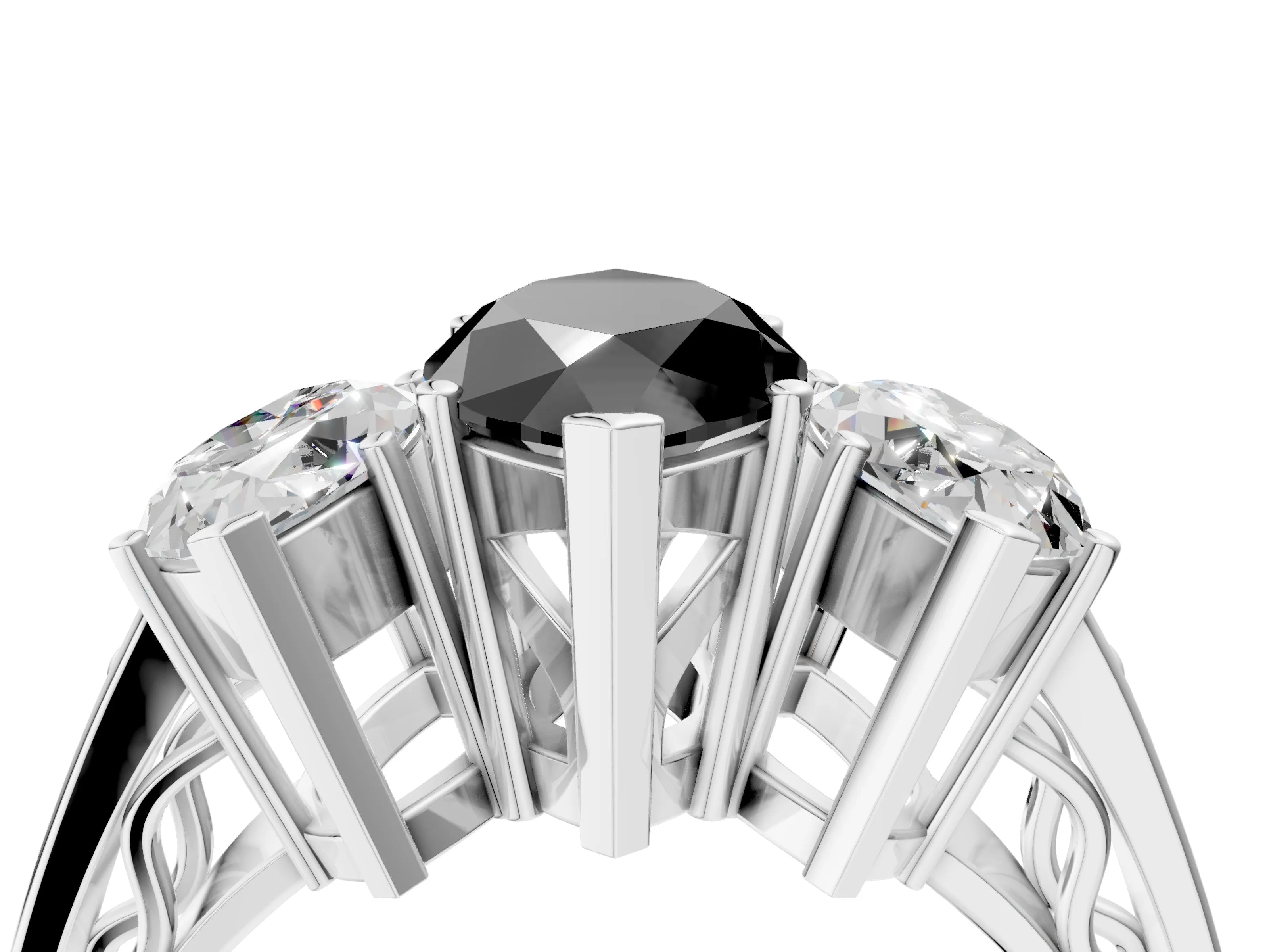 White gold Fancy Black Marquise Cut Diamond Three-Stone Ring with Prong Setting and Textured Band_22