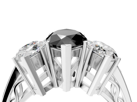 White gold Fancy Black Marquise Cut Diamond Three-Stone Ring with Prong Setting and Textured Band_22