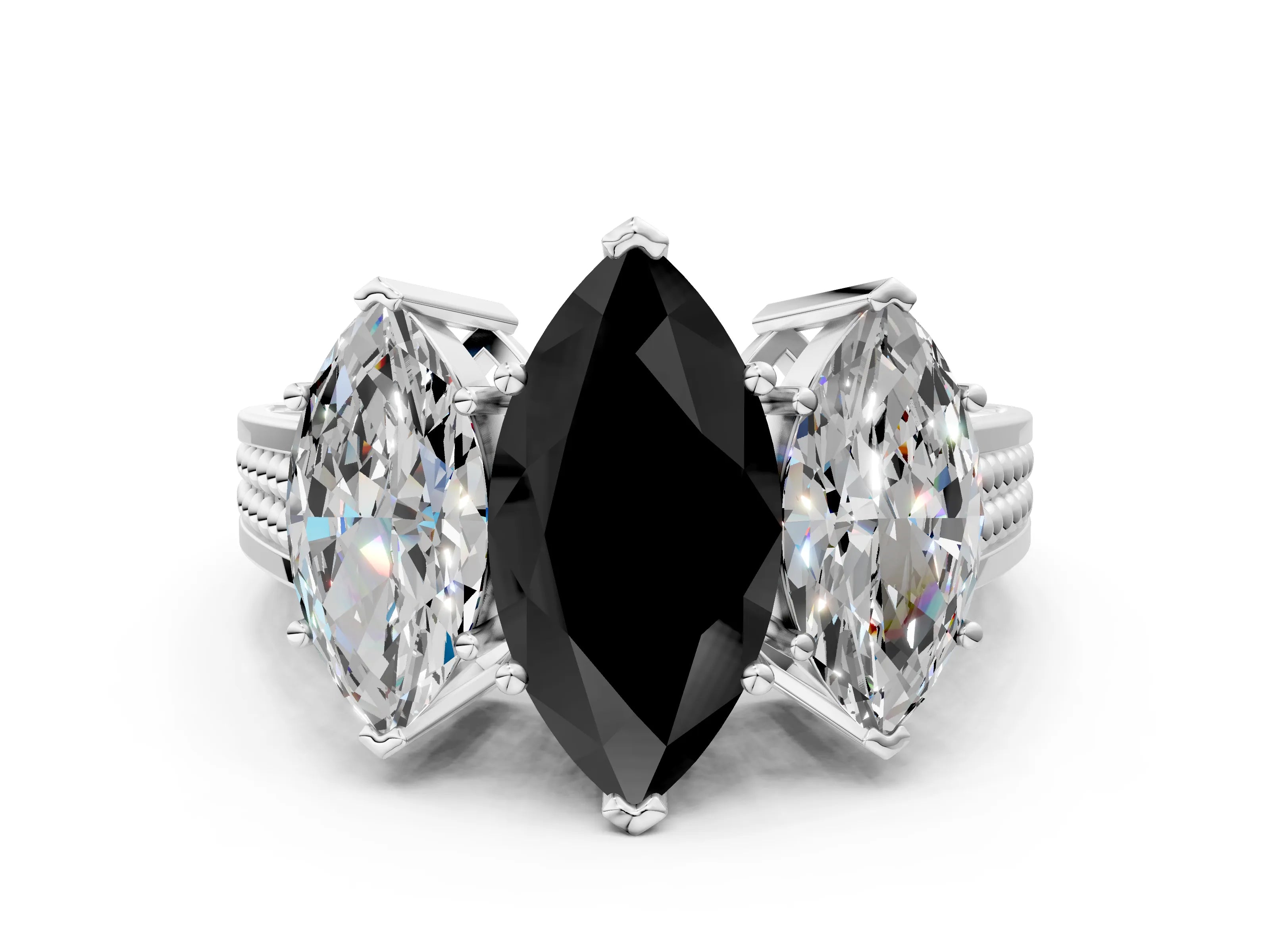 White gold Fancy Black Marquise Cut Diamond Three-Stone Ring with Prong Setting and Textured Band_36