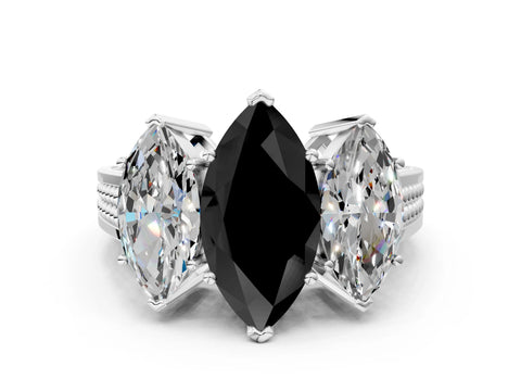 White gold Fancy Black Marquise Cut Diamond Three-Stone Ring with Prong Setting and Textured Band_36