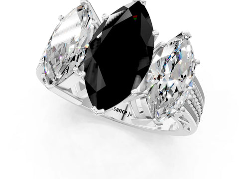 White gold Fancy Black Marquise Cut Diamond Three-Stone Ring with Prong Setting and Textured Band_37