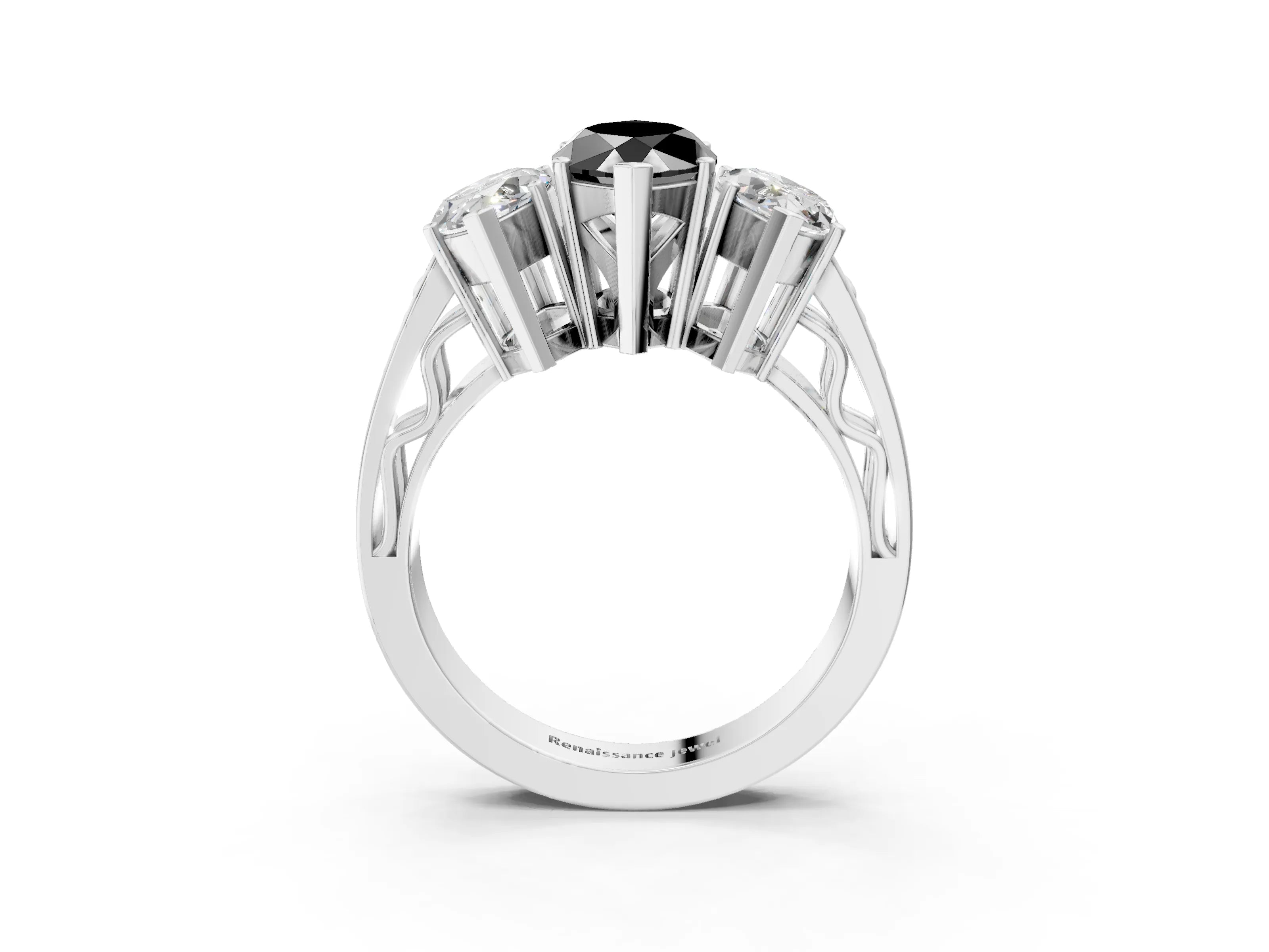 White gold Fancy Black Marquise Cut Diamond Three-Stone Ring with Prong Setting and Textured Band_39