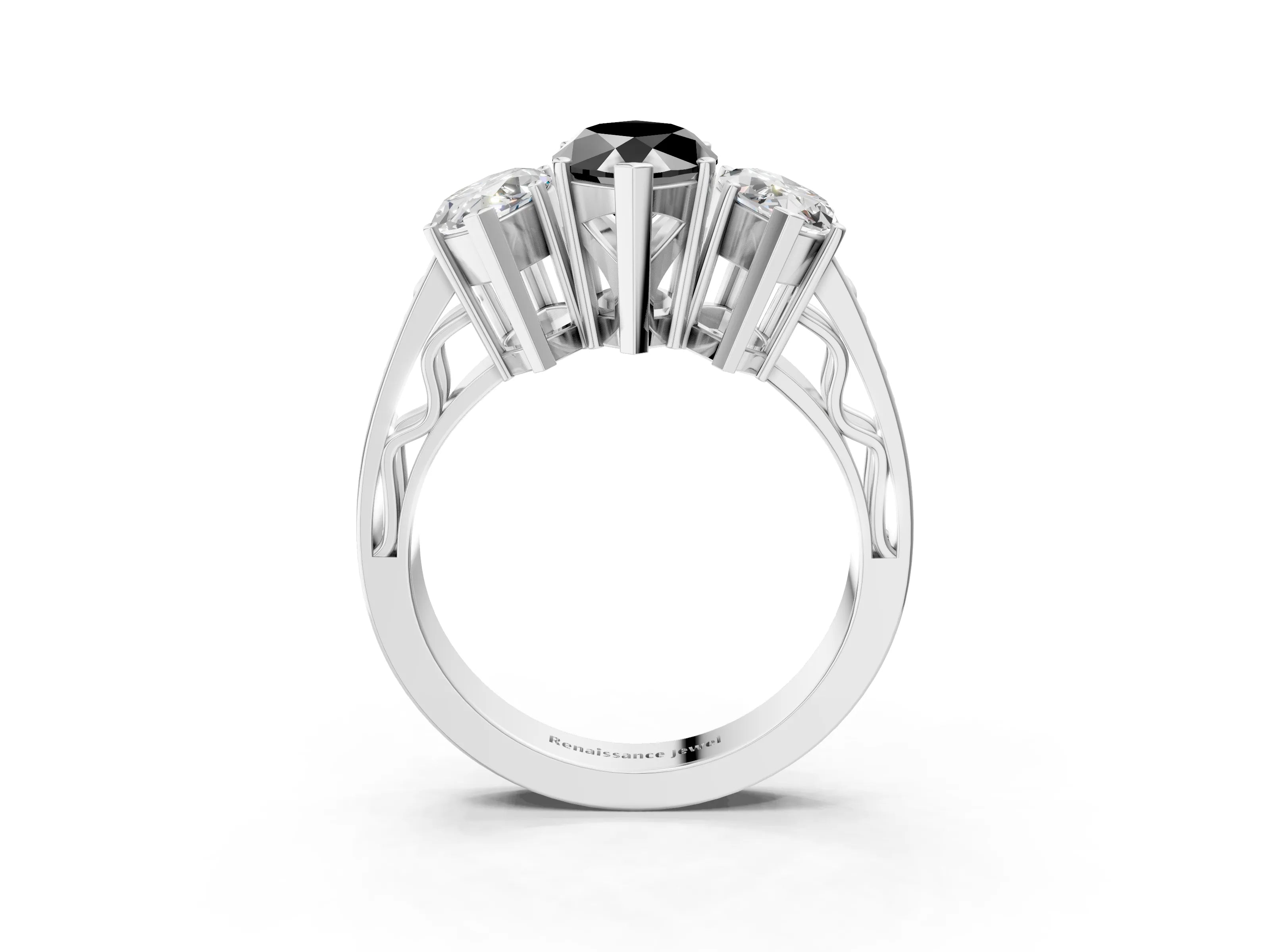 White gold Fancy Black Marquise Cut Diamond Three-Stone Ring with Prong Setting and Textured Band_3