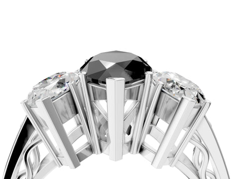 White gold Fancy Black Marquise Cut Diamond Three-Stone Ring with Prong Setting and Textured Band_40