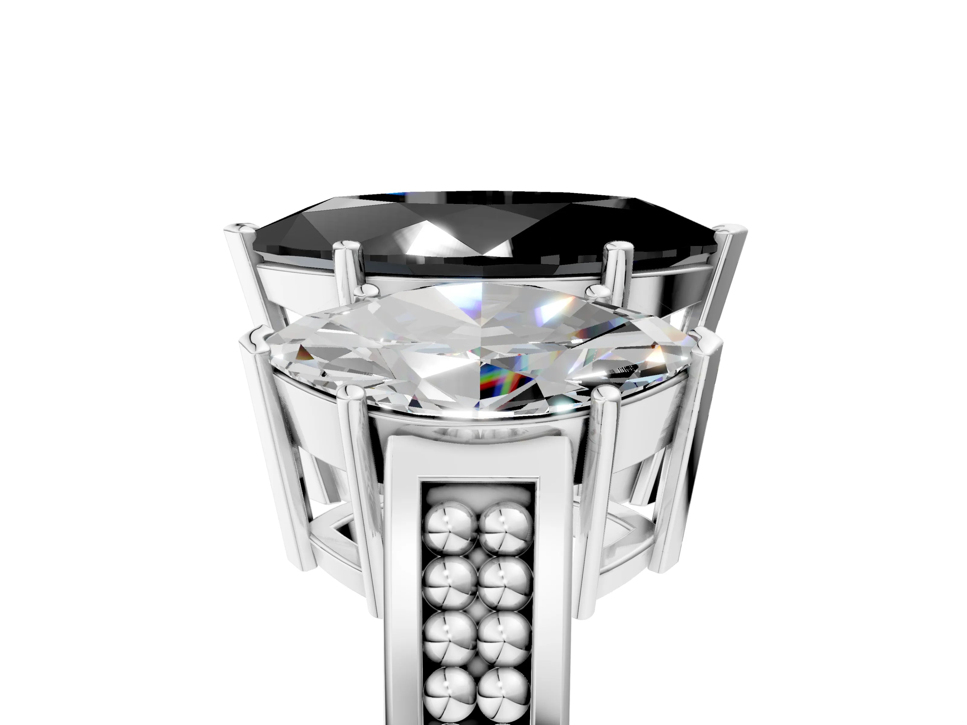 White gold Fancy Black Marquise Cut Diamond Three-Stone Ring with Prong Setting and Textured Band_41