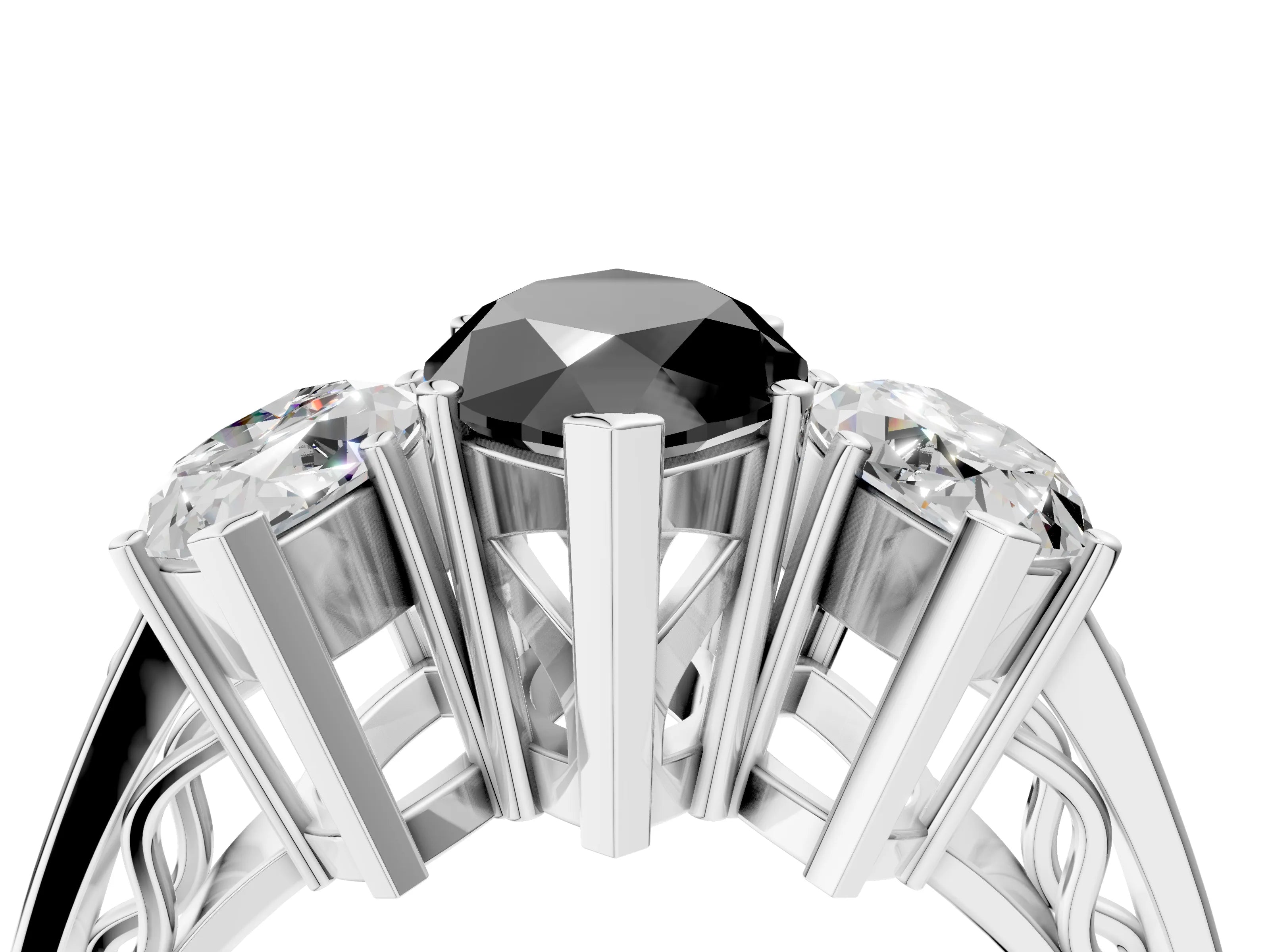 White gold Fancy Black Marquise Cut Diamond Three-Stone Ring with Prong Setting and Textured Band_4