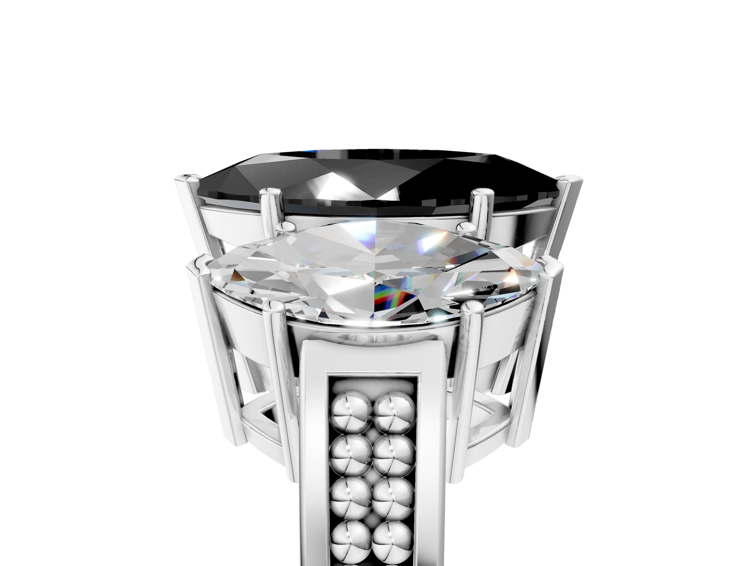 White gold Fancy Black Marquise Cut Diamond Three-Stone Ring with Prong Setting and Textured Band_5