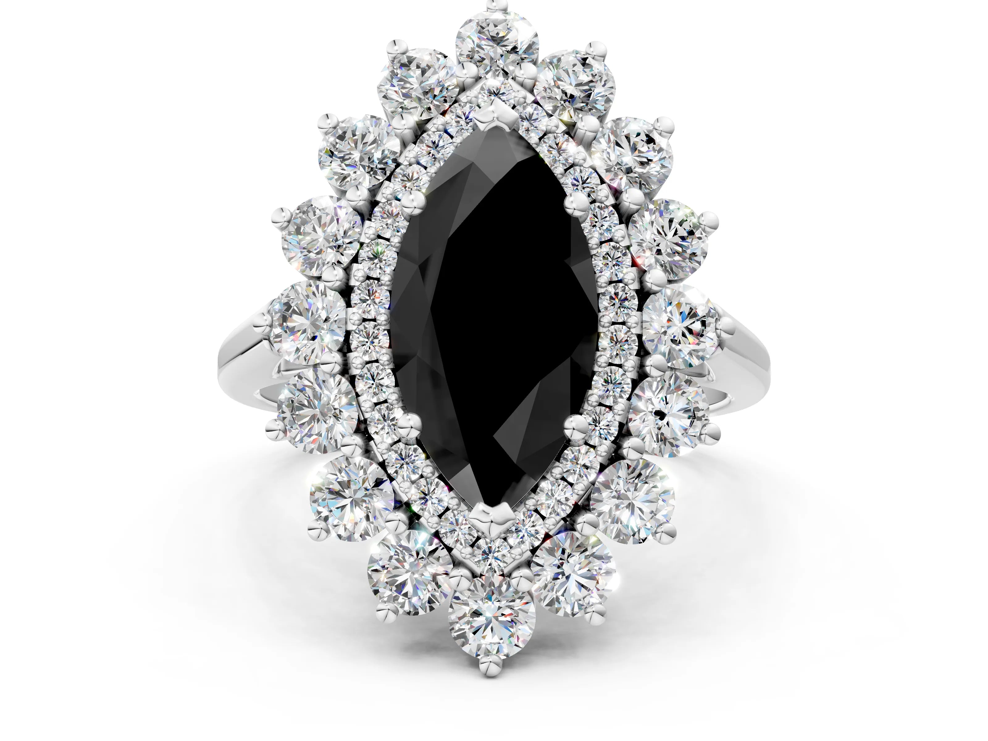 White gold Fancy Black Marquise Cut Halo Cluster Diamond Ring with Pave Band and Four-Prong Setting_12