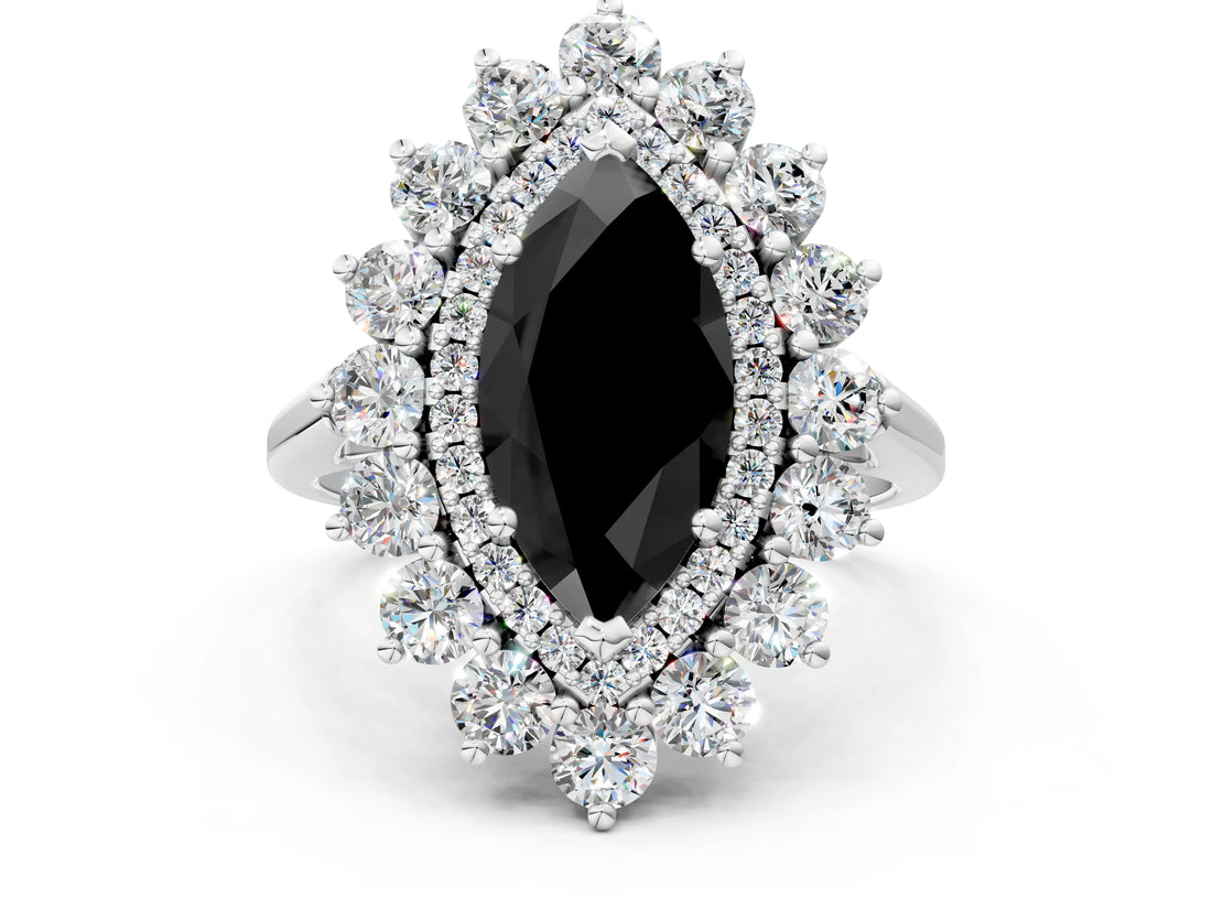 White gold Fancy Black Marquise Cut Halo Cluster Diamond Ring with Pave Band and Four-Prong Setting_12