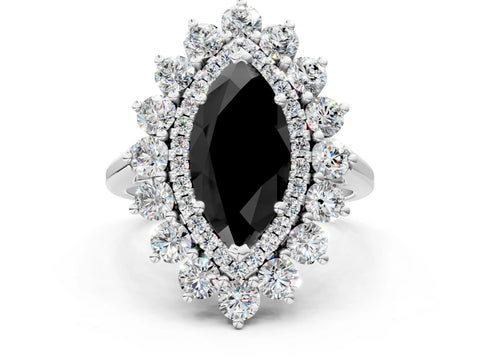 White gold Fancy Black Marquise Cut Halo Cluster Diamond Ring with Pave Band and Four-Prong Setting_12
