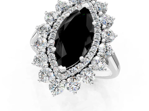 White gold Fancy Black Marquise Cut Halo Cluster Diamond Ring with Pave Band and Four-Prong Setting_13