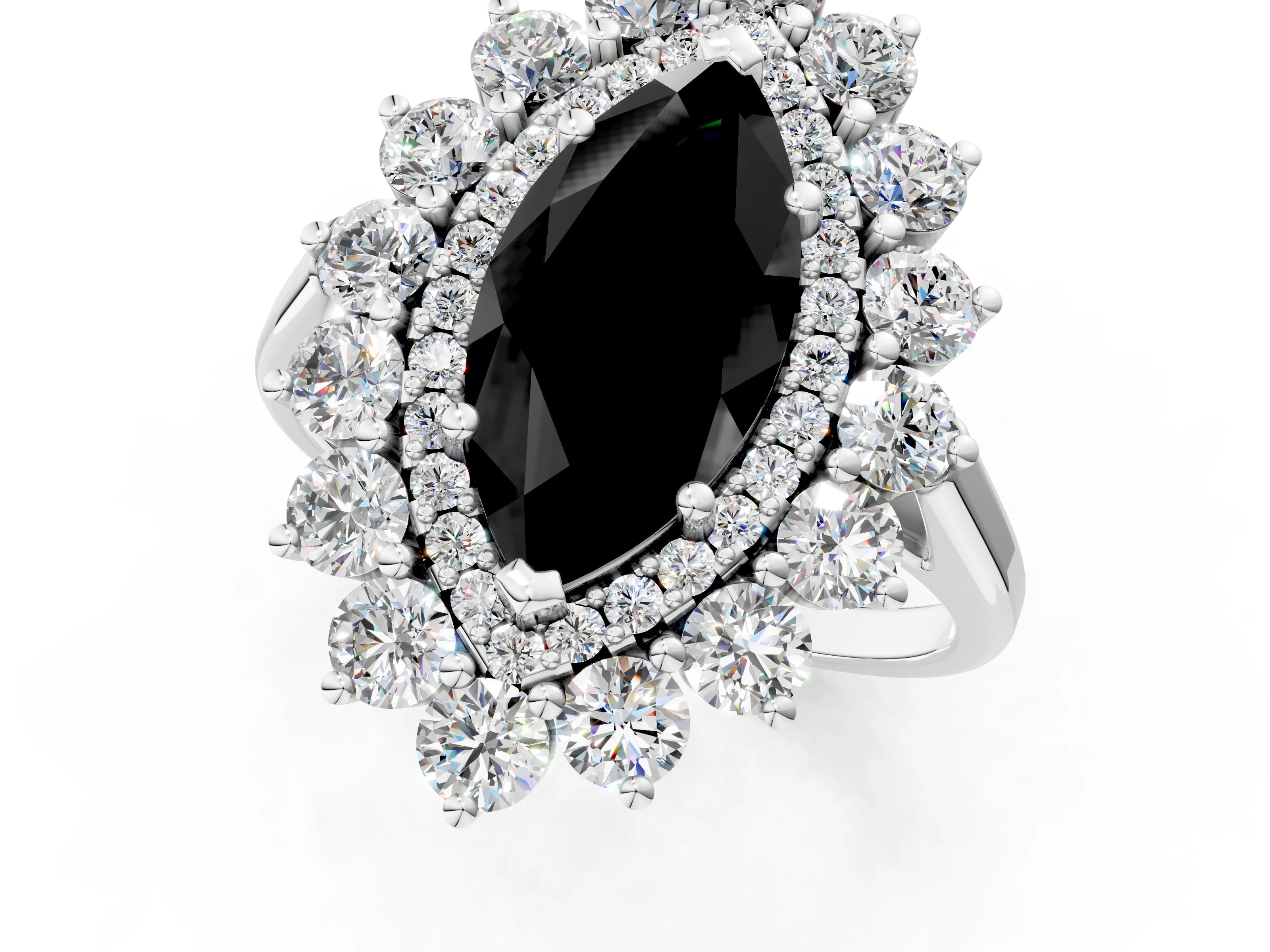 White gold Fancy Black Marquise Cut Halo Cluster Diamond Ring with Pave Band and Four-Prong Setting_1