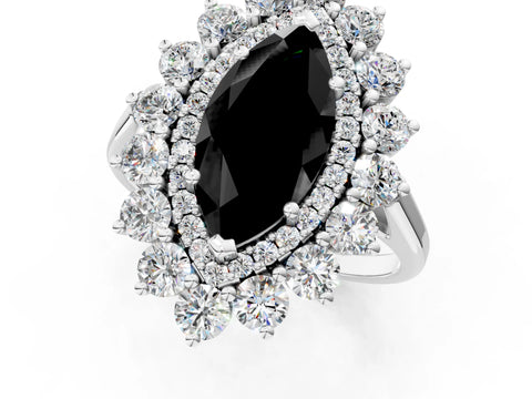 White gold Fancy Black Marquise Cut Halo Cluster Diamond Ring with Pave Band and Four-Prong Setting_1
