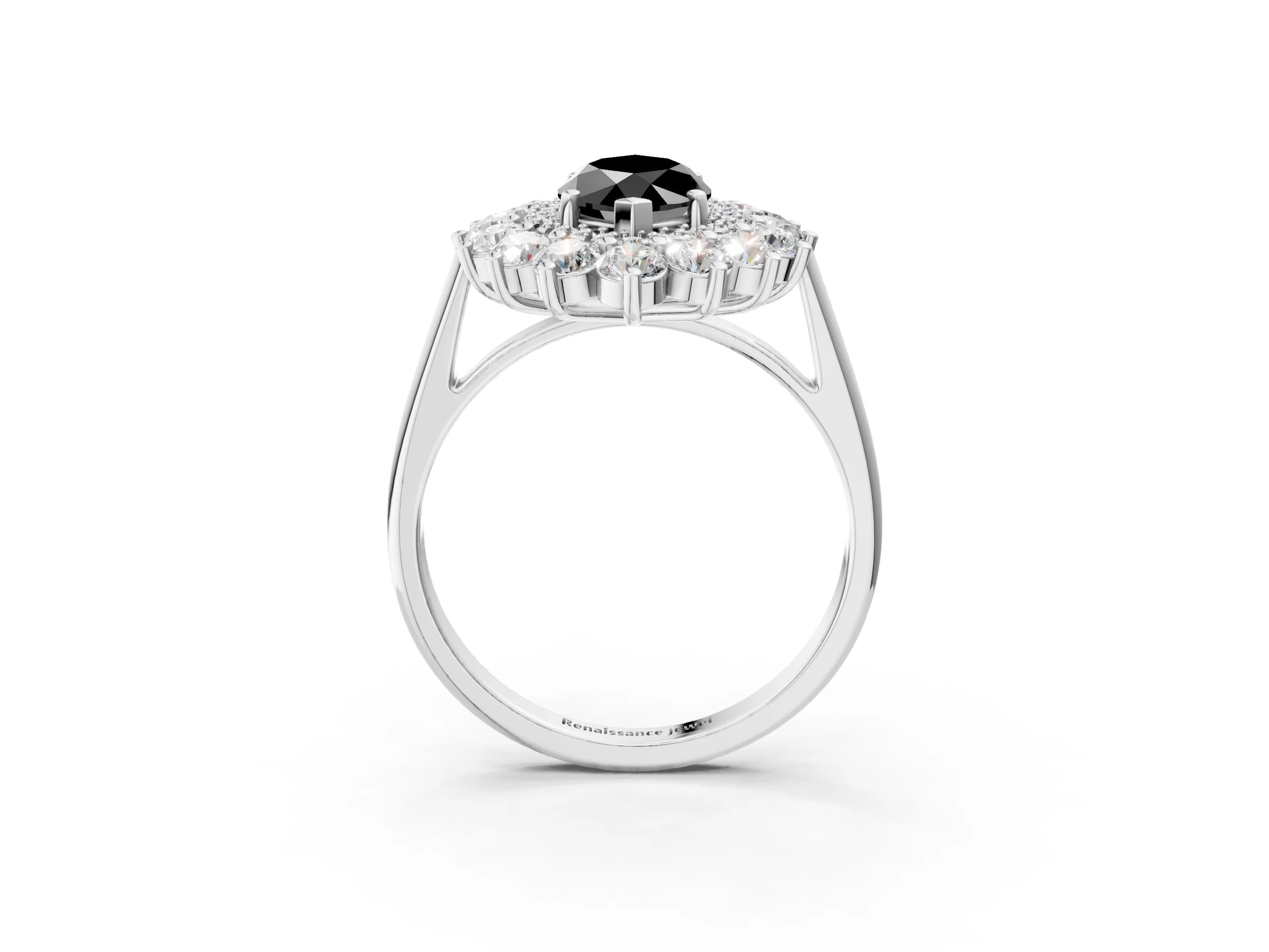 White gold Fancy Black Marquise Cut Halo Cluster Diamond Ring with Pave Band and Four-Prong Setting_3