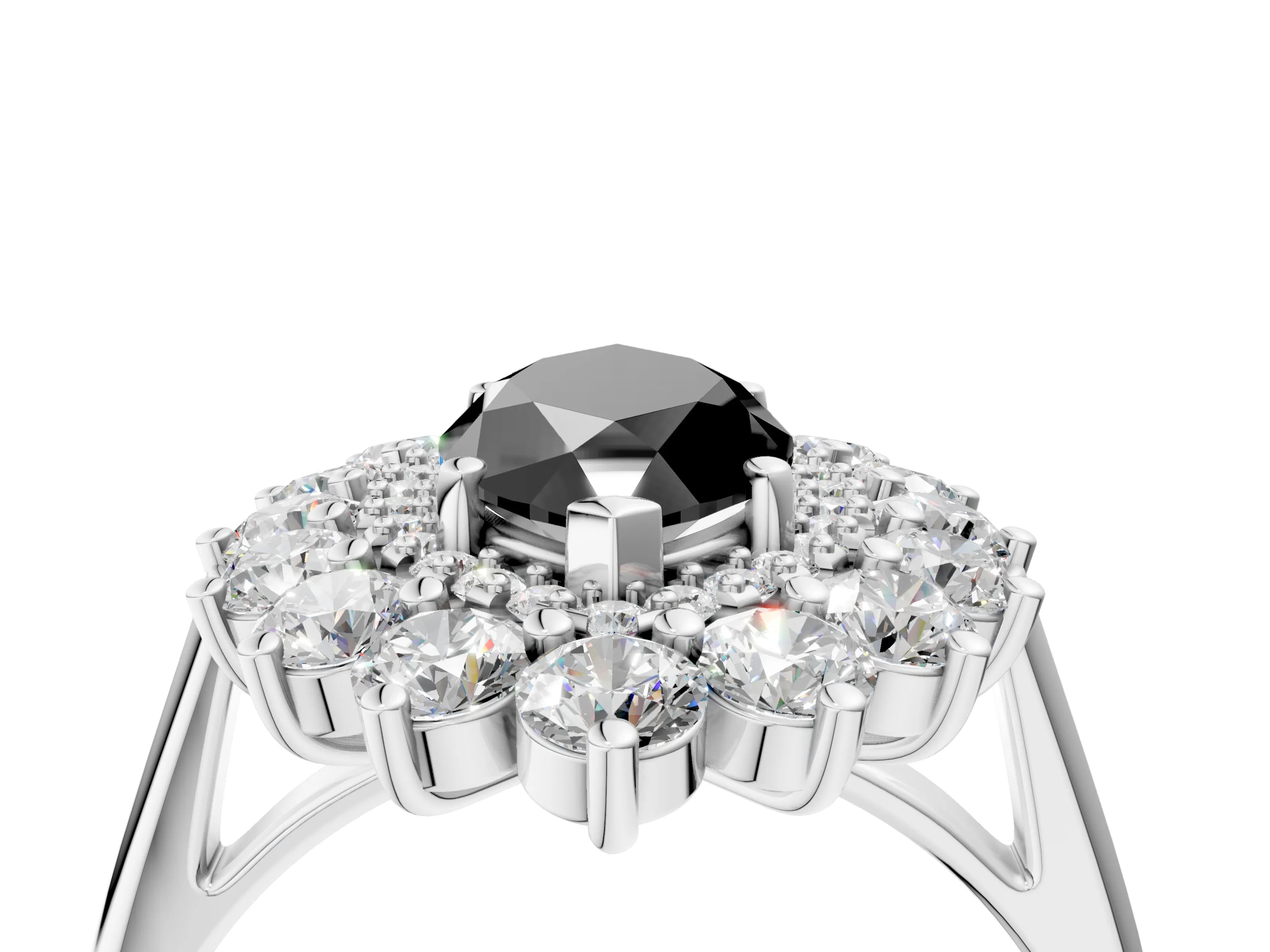White gold Fancy Black Marquise Cut Halo Cluster Diamond Ring with Pave Band and Four-Prong Setting_4