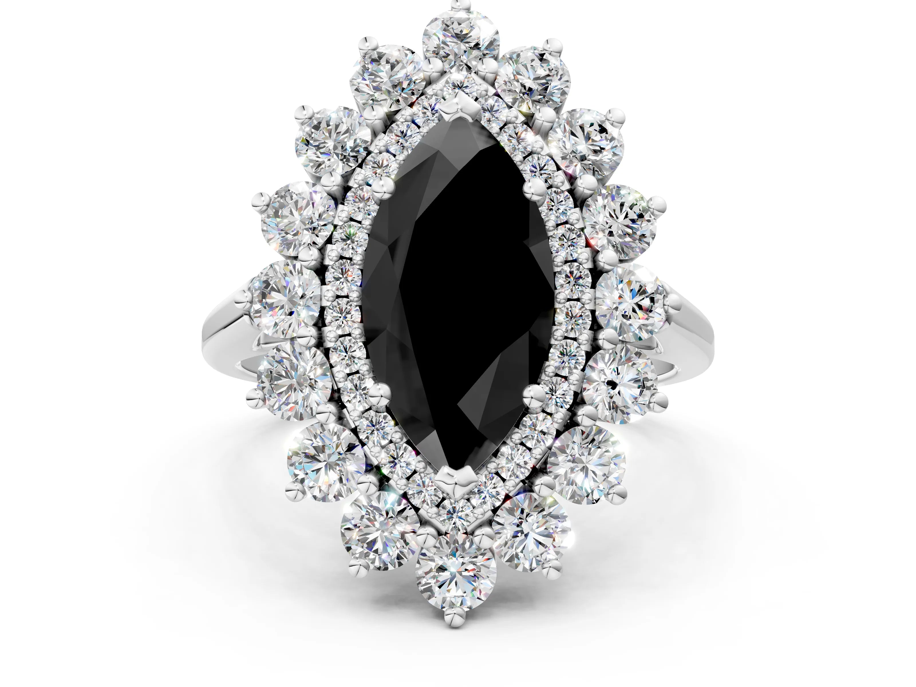 White gold Fancy Black Marquise Cut Halo Cluster Diamond Ring with Pave Band and Four-Prong Setting