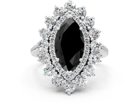 White gold Fancy Black Marquise Cut Halo Cluster Diamond Ring with Pave Band and Four-Prong Setting