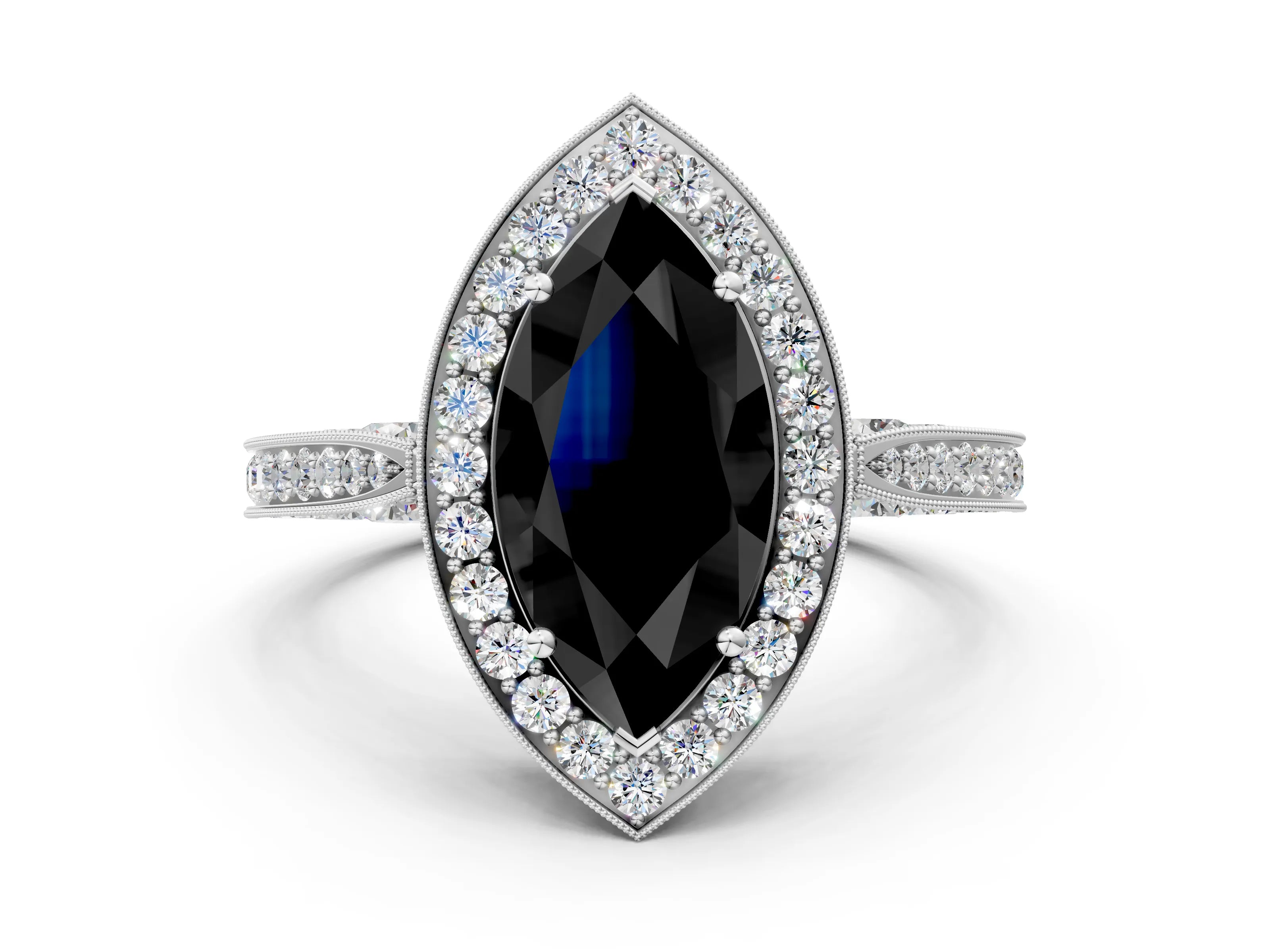 White gold Fancy Black Marquise Cut Halo Diamond Engagement Ring with Split Shank Band and Four-Prong Setting