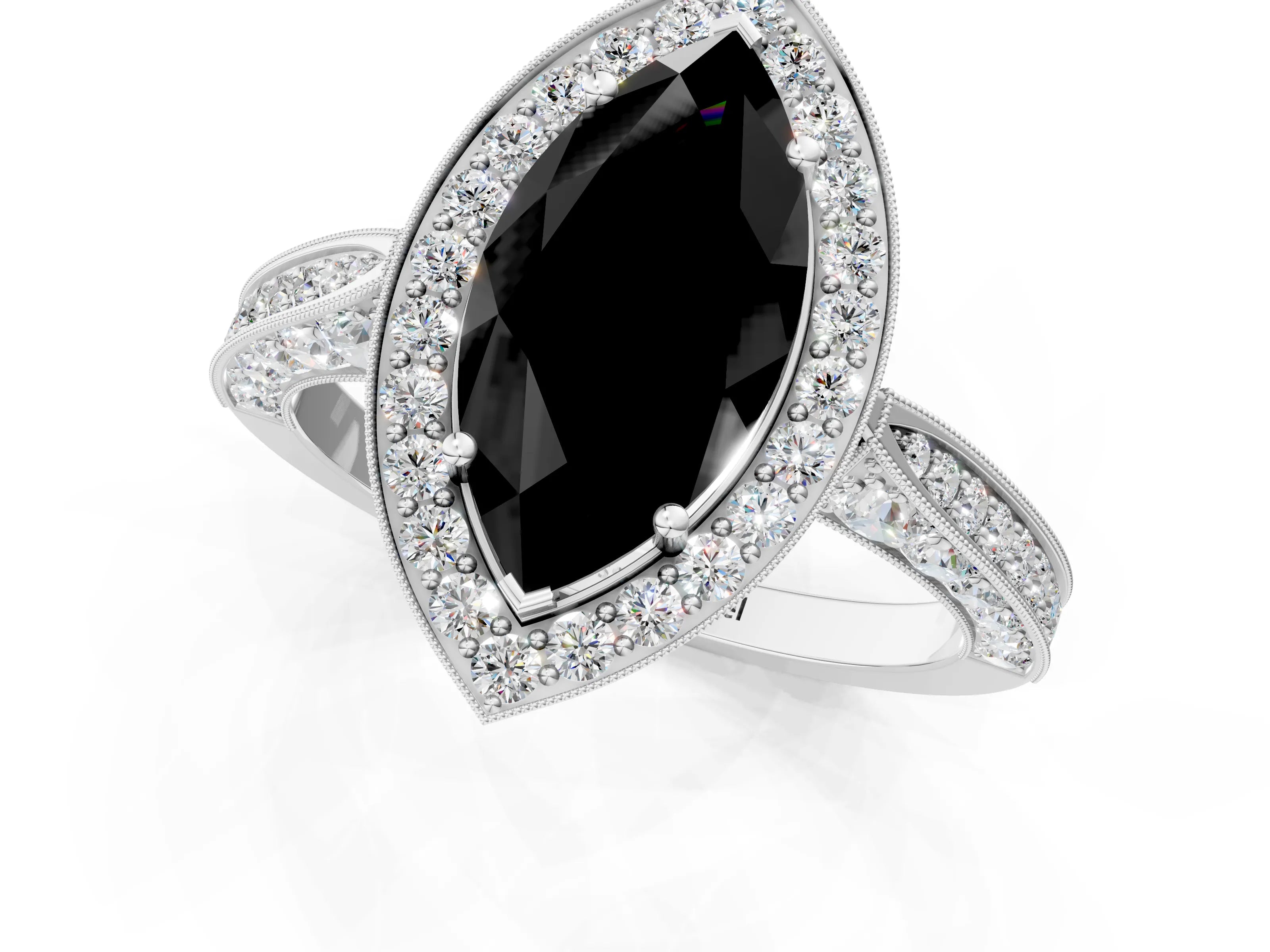 White gold Fancy Black Marquise Cut Halo Diamond Engagement Ring with Split Shank Band and Four-Prong Setting_1