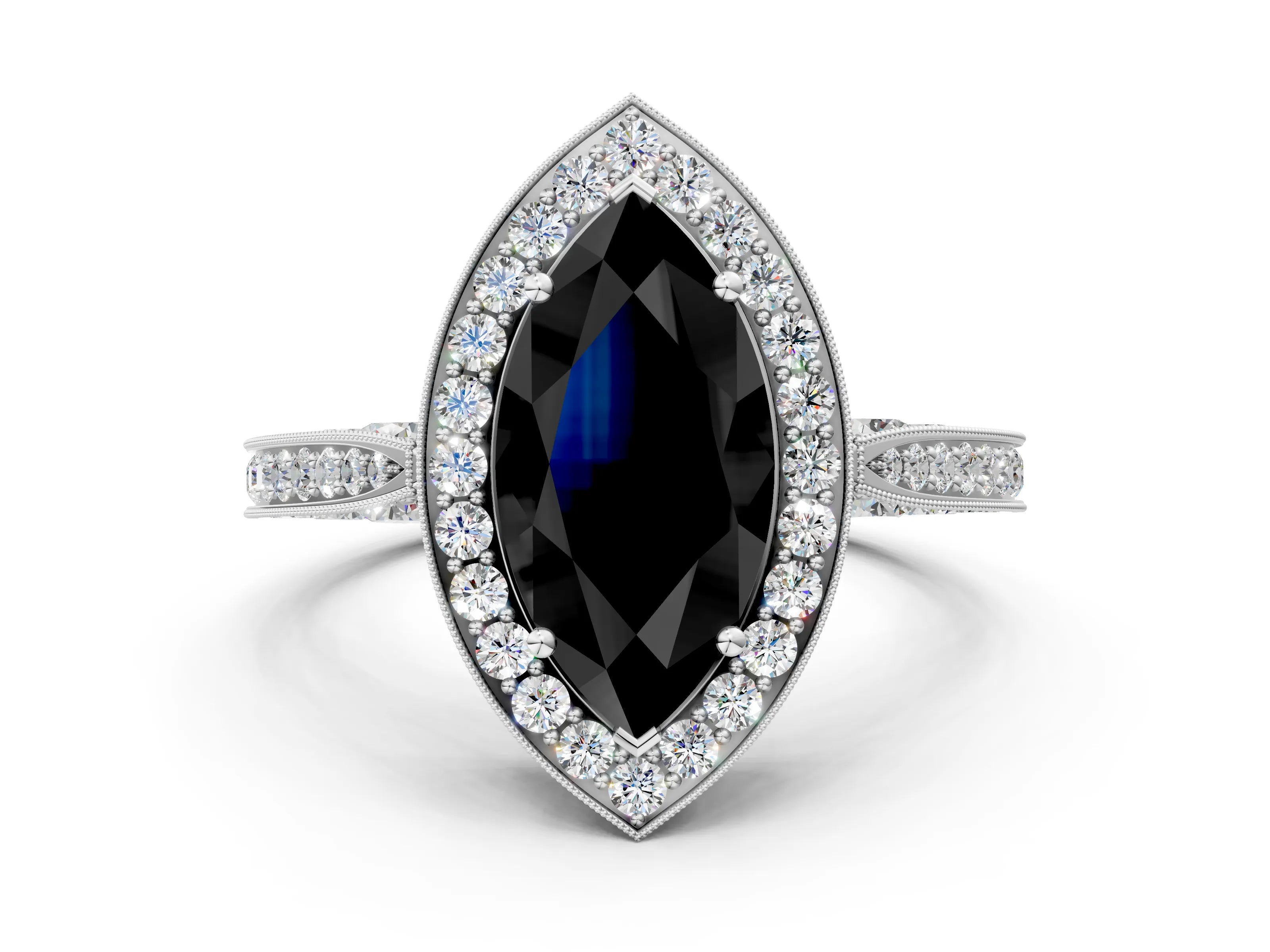 White gold Fancy Black Marquise Cut Halo Diamond Engagement Ring with Split Shank Band and Four-Prong Setting_12