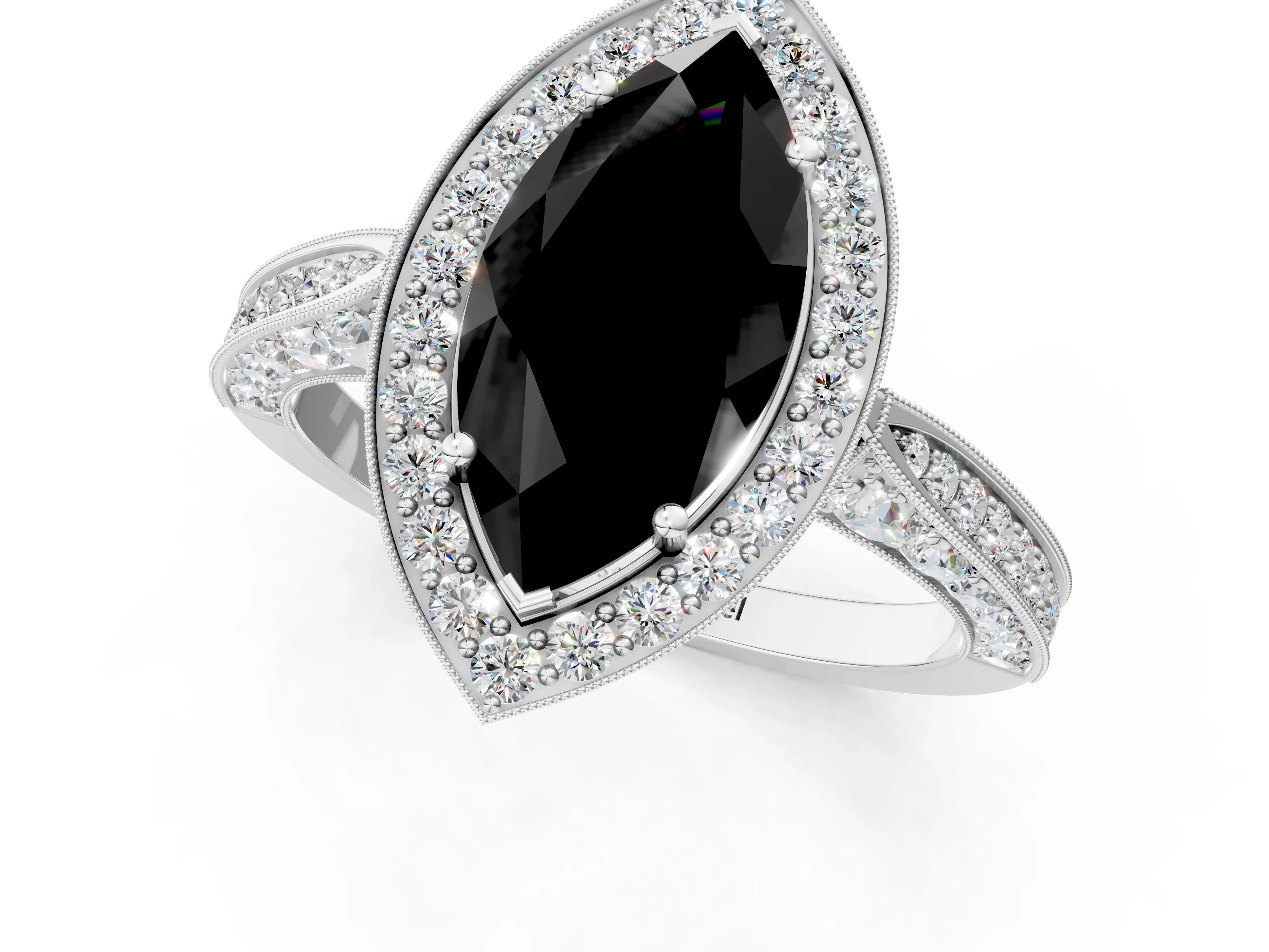 White gold Fancy Black Marquise Cut Halo Diamond Engagement Ring with Split Shank Band and Four-Prong Setting_13