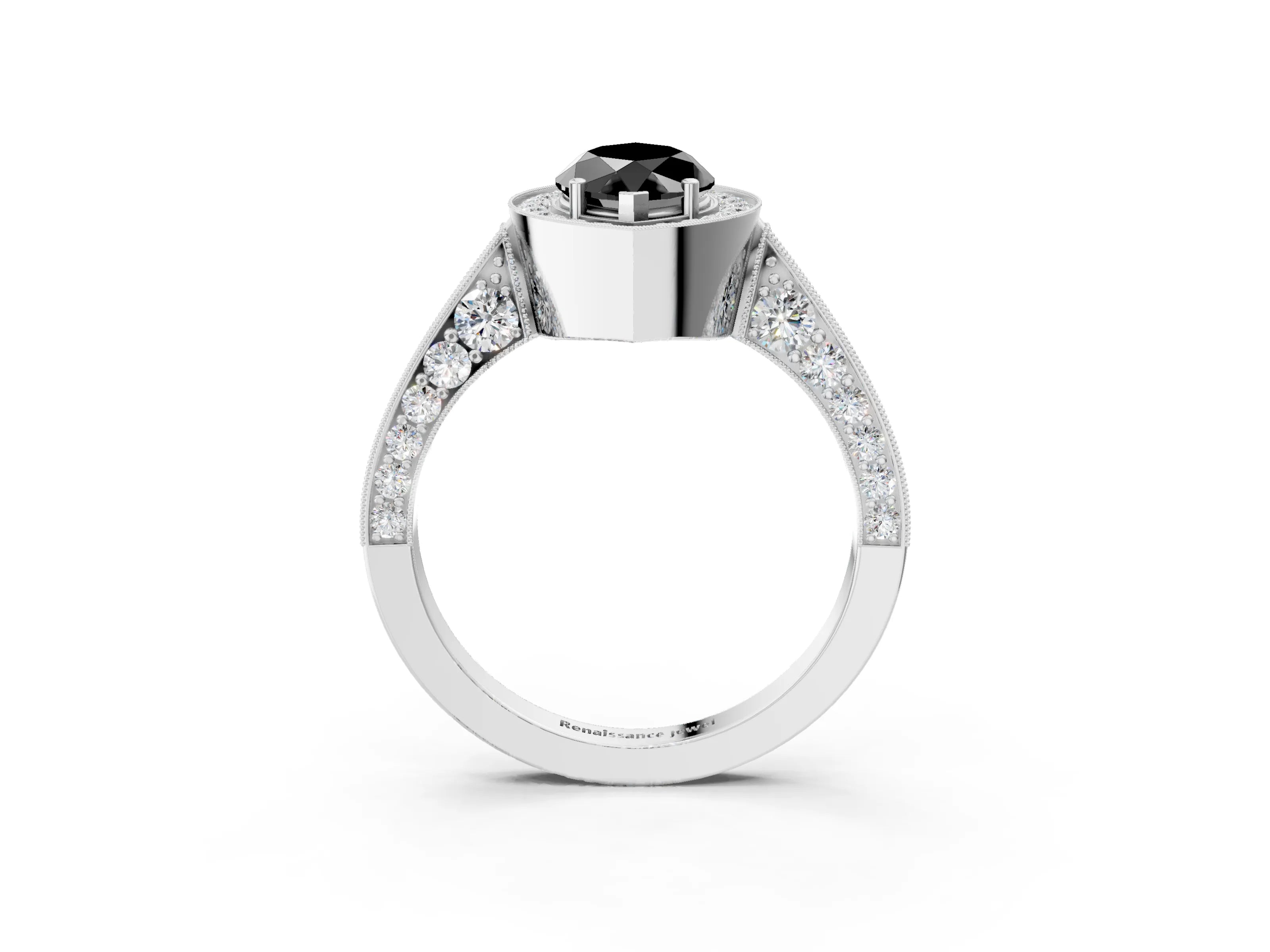 White gold Fancy Black Marquise Cut Halo Diamond Engagement Ring with Split Shank Band and Four-Prong Setting_15