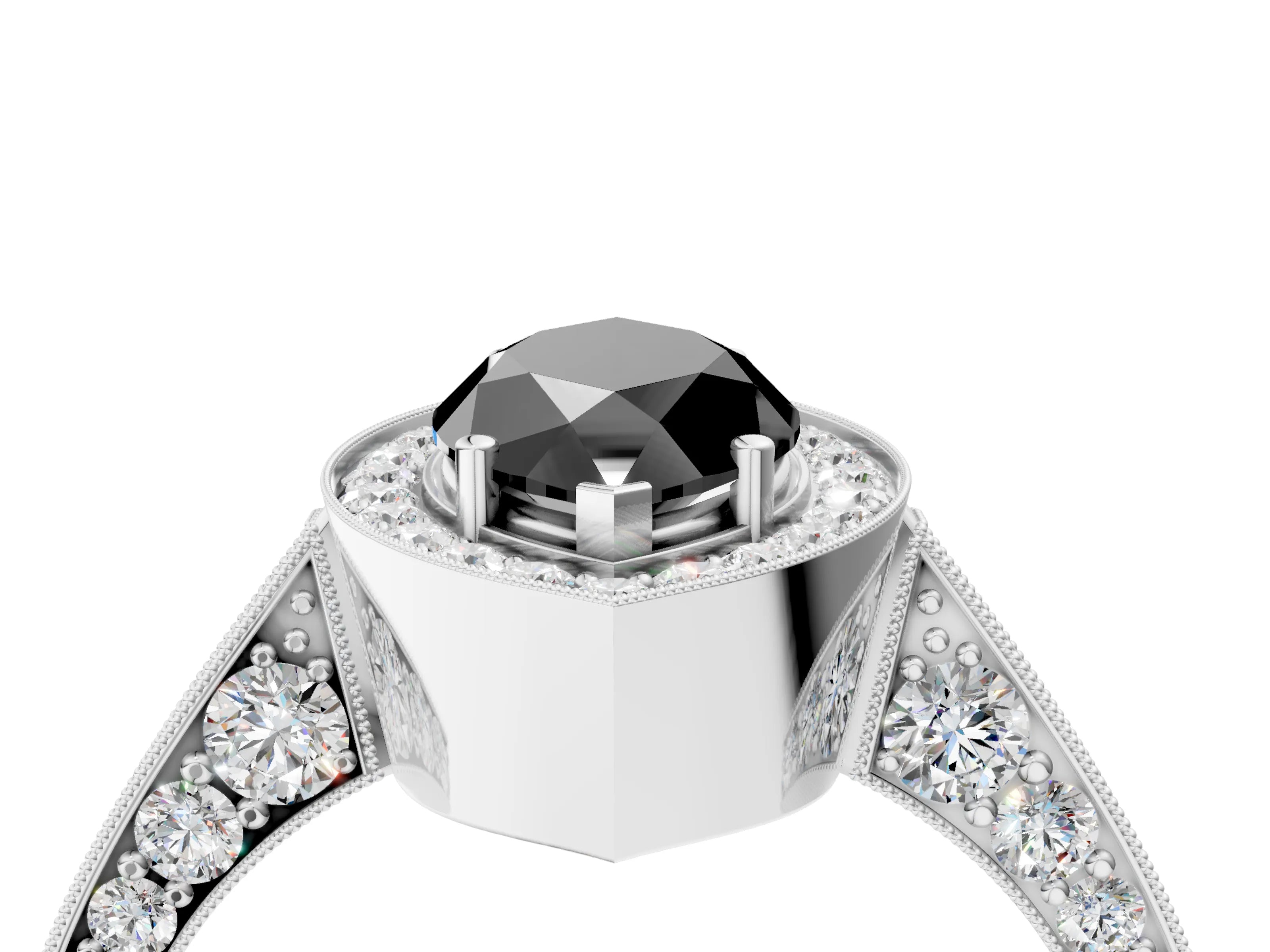 White gold Fancy Black Marquise Cut Halo Diamond Engagement Ring with Split Shank Band and Four-Prong Setting_16