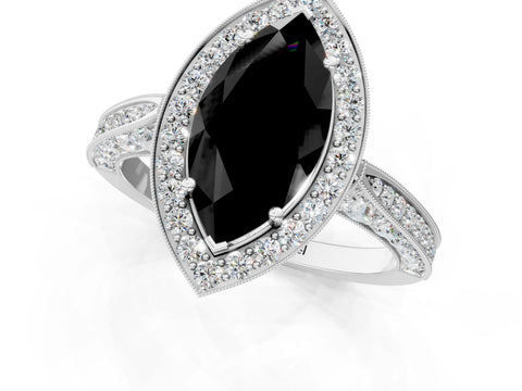 White gold Fancy Black Marquise Cut Halo Diamond Engagement Ring with Split Shank Band and Four-Prong Setting_1