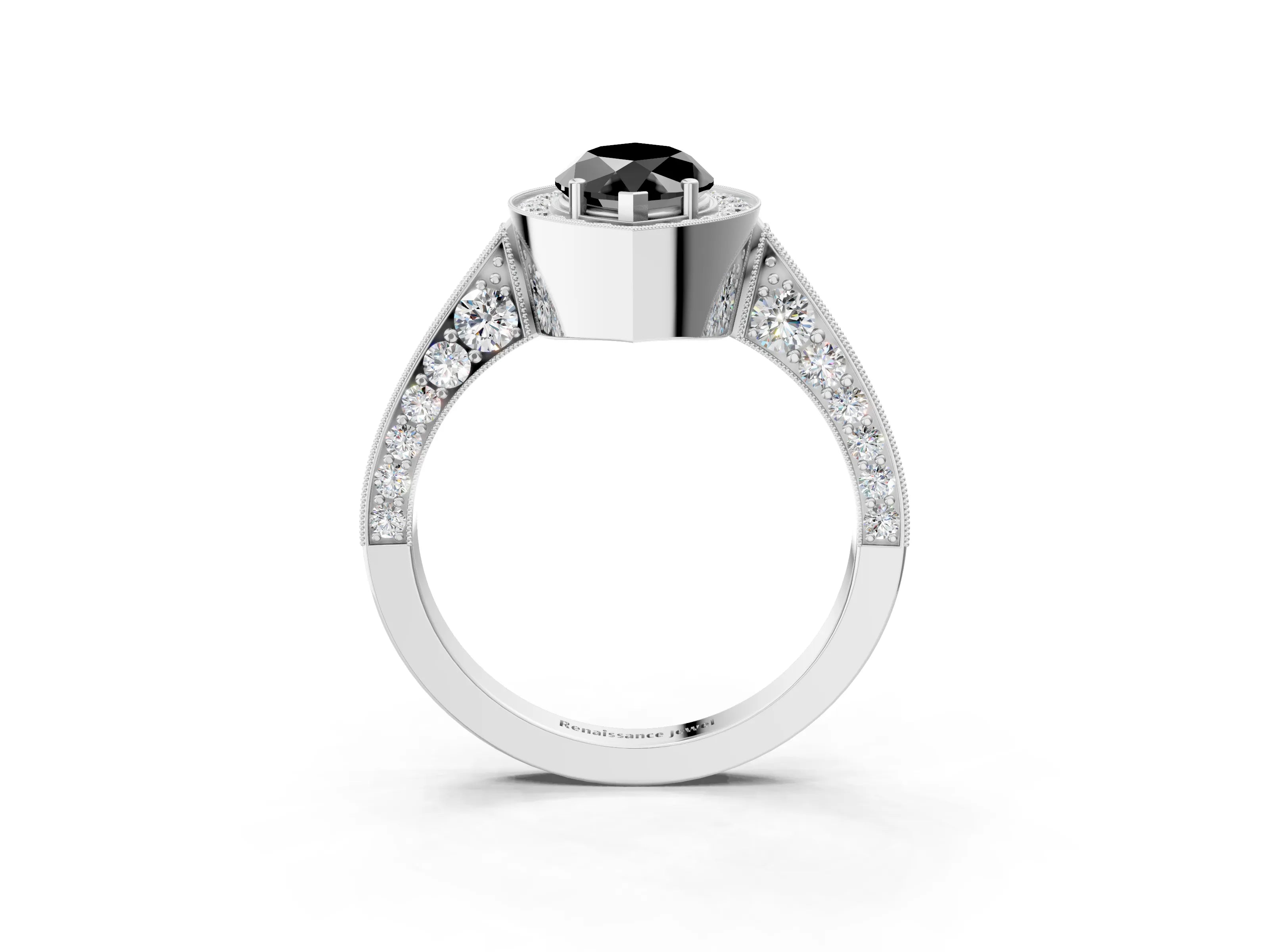 White gold Fancy Black Marquise Cut Halo Diamond Engagement Ring with Split Shank Band and Four-Prong Setting_3
