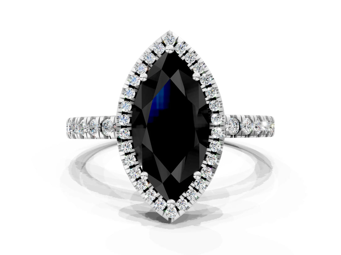 White gold Fancy Black Marquise Cut Halo Diamond Pave Band with Prong Setting_12